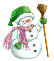 New Year's Colorful Drawing Of A Snowman In Watercolor