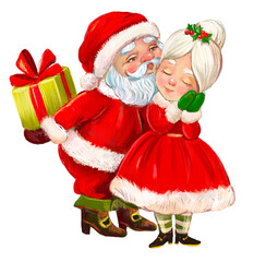 Santa and Mrs. Santa Claus Kiss Gift Illustration