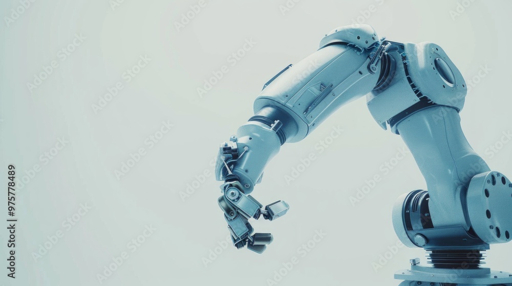 Poster automation factory industry 4.o concept with one robotic arm on light background with empty space