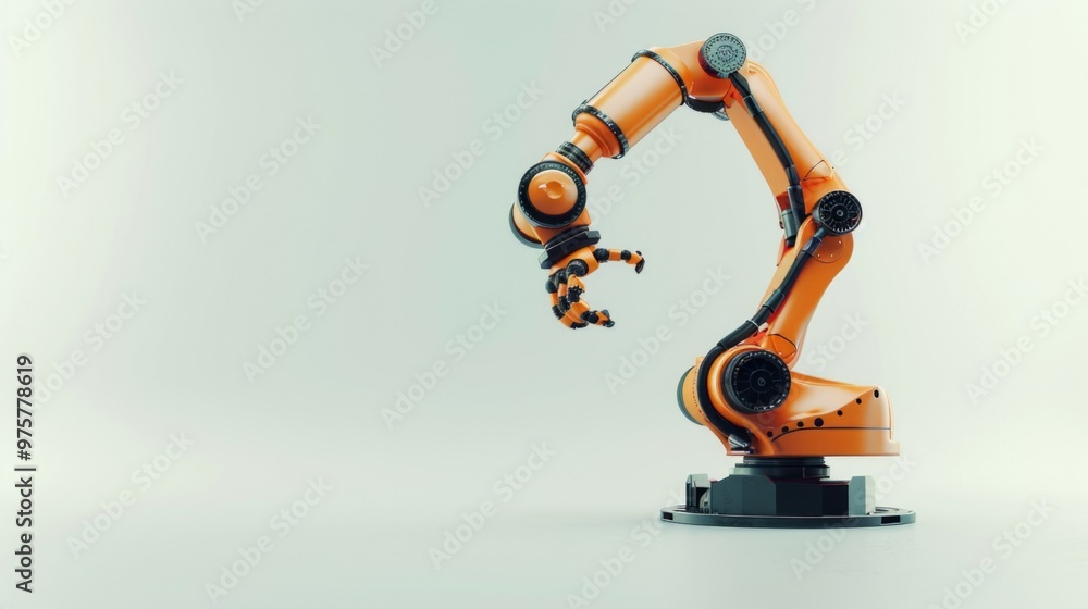Poster automation factory industry 4.o concept with one robotic arm on light background with empty space
