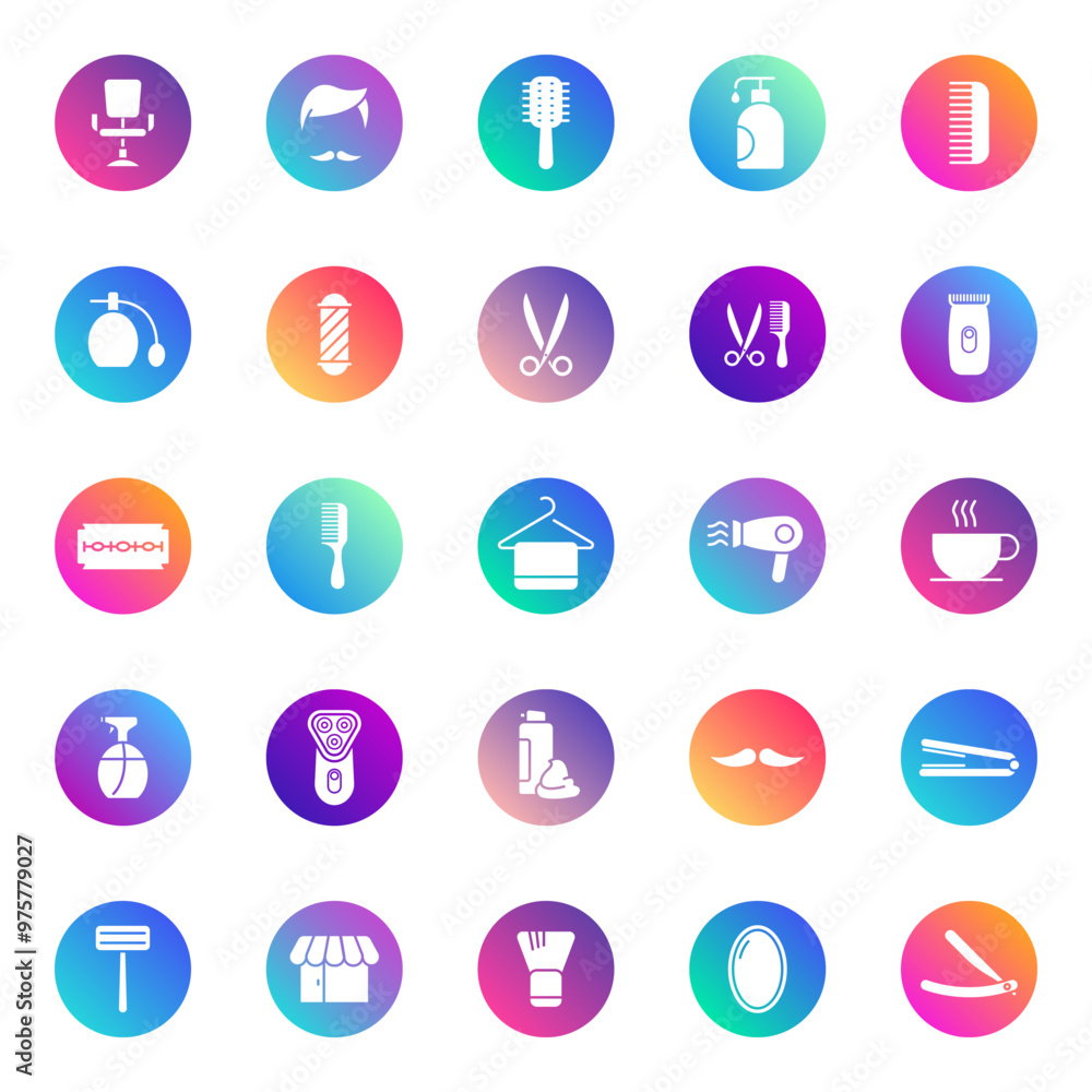 Poster barbershop vector icons on color gradient rounds isolated on white background. barbershop icons set 