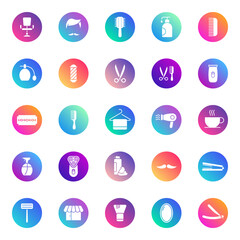Fototapeta premium Barbershop vector icons on color gradient rounds isolated on white background. Barbershop icons set for web and ui design