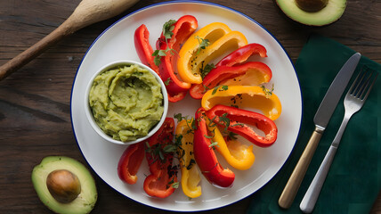  A plate of bell pepper slices with a side of guacamole, arranged on a white platter.  