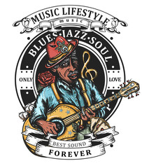Obraz premium Blues music concept. Elderly Afro American bluesman playing slide guitar. Template for posters, textiles, apparels and t-shirt design. Musical art