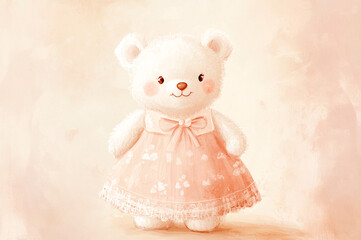 A children's illustration of a cute white vintage bear in a beautiful dress.
