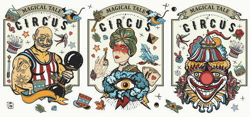 Circus. Collection. Clown, strong man with dumbbells, fortune teller woman, magic trick, rabbit in a magician hat. Traditional retro tattooing style