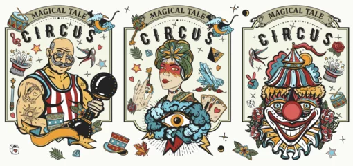 Circus. Collection. Clown, strong man with dumbbells, fortune teller woman, magic trick, rabbit in a magician hat. Traditional retro tattooing style © intueri