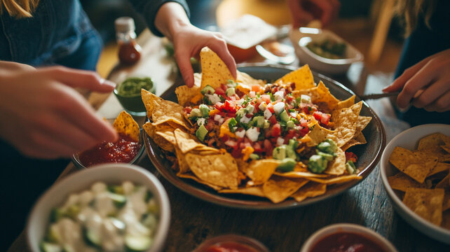 Gathering with friends to celebrate National Taco Day with nachos and various toppings