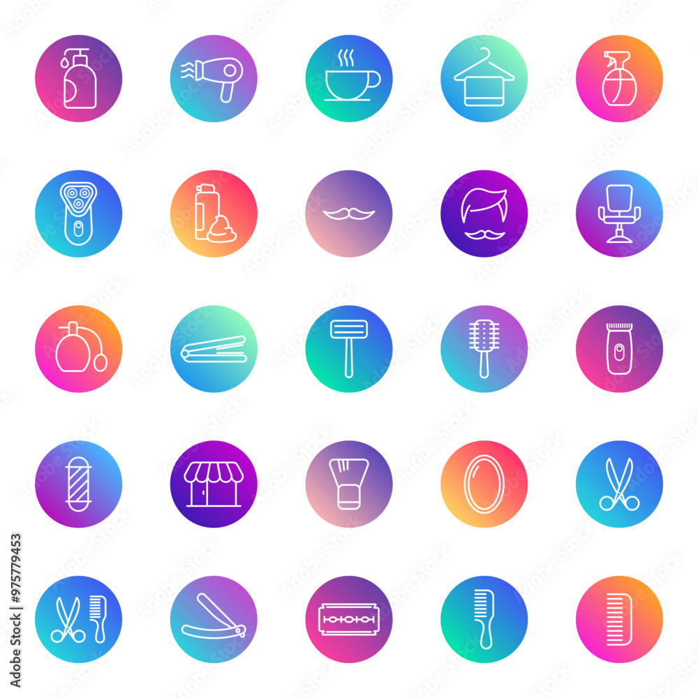 Poster barbershop line vector icons on color gradient rounds isolated on white background. barbershop outli