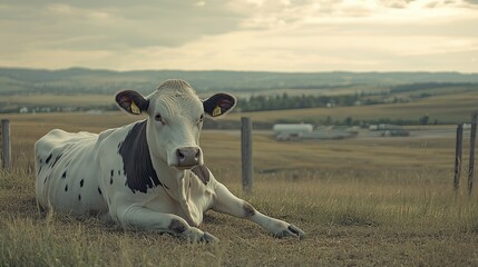Obraz premium Dairy cow relaxing in an open pen, with rural landscape stretching out in the background.