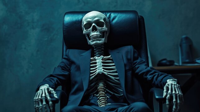 A skeleton in business attire, seated in an office chair under dim lighting, symbolizing the fatigue of corporate life.
