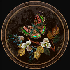 Autumn leaves, flowering apple tree and butterfly. Embroidery style. Template tambour frame with a canvas, elements from stitches. Art for clothes