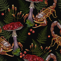 Embroidery mushrooms fly agarics. and scorpion.Gothic fall nature embroidery template for clothes, textiles, t-shirt design. Autumn forest seamless pattern