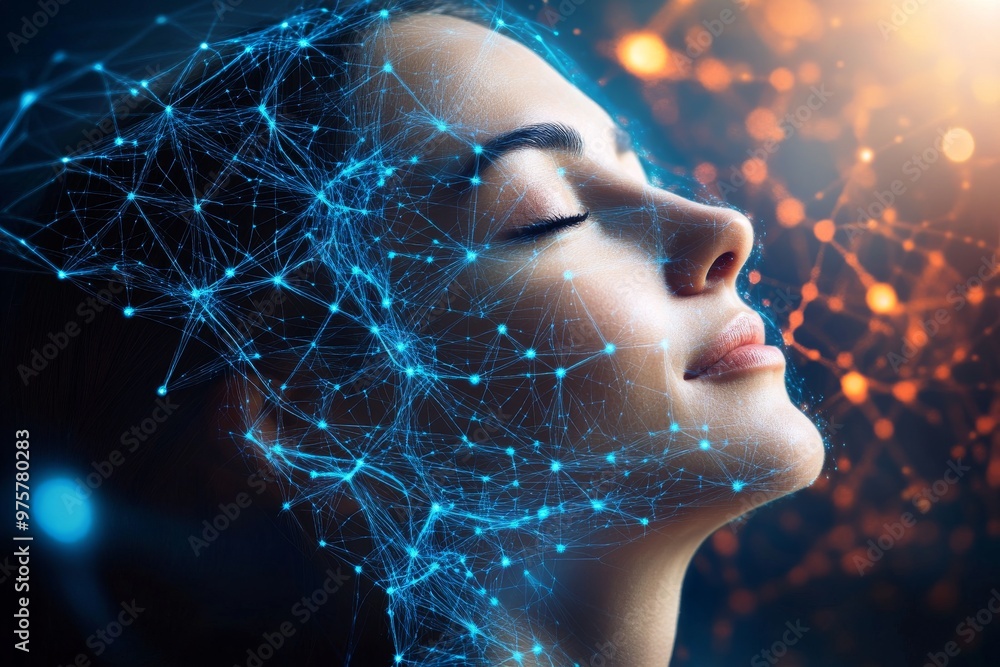Poster portrait of a woman with glowing neural network patterns on her face symbolizing intelligence cognit