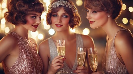 vintage champagne event with roaring twenties flair and elegant flapper women showcasing 1920s style, glamour, and sophistication in a classic party atmosphere