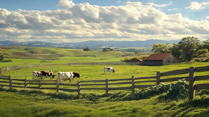 Obraz premium Dairy cows grazing in a sunny outdoor pen, surrounded by green pasture and wide-open spaces.