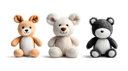 cutout set of 3 stuffed animal toys isolated on transparent png background