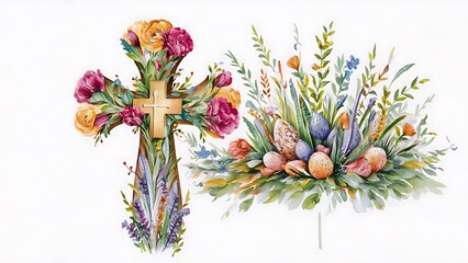 Watercolor Flower Cross, Wood Cross, Baptism, Floral Clipart, Hand Painted First Communion, Holy Spirit, Florals Arrangements, Easter cross