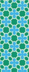 A vibrant geometric pattern featuring blue flowers on a green background, suitable for textiles or wallpaper.