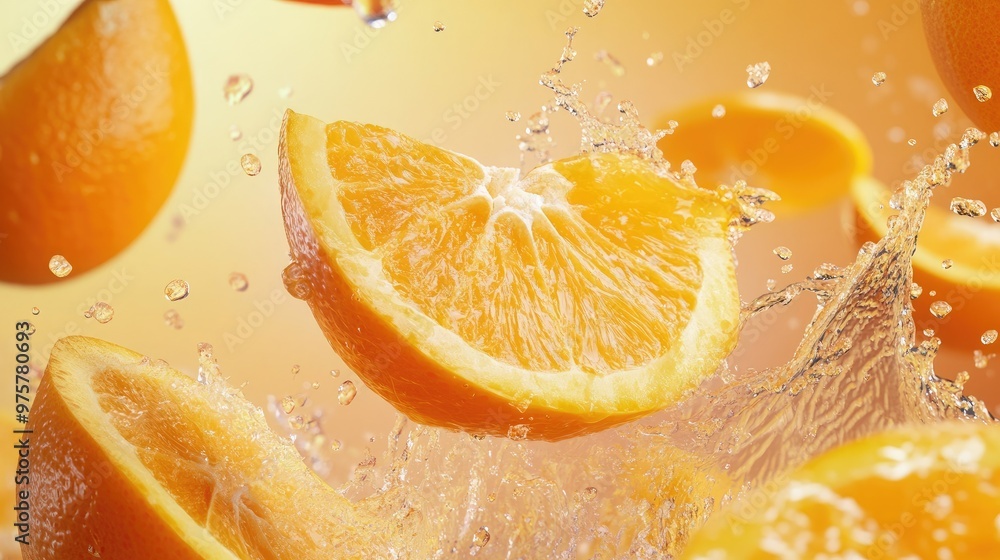 Sticker Fresh orange slices flying in mid-air with splashes of juice against a vibrant background, capturing the motion and energy