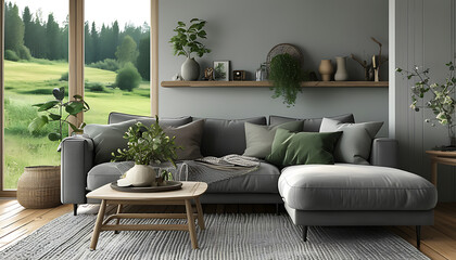 Cozy gray living room design in Scanavian style with natural green landscape indoors.