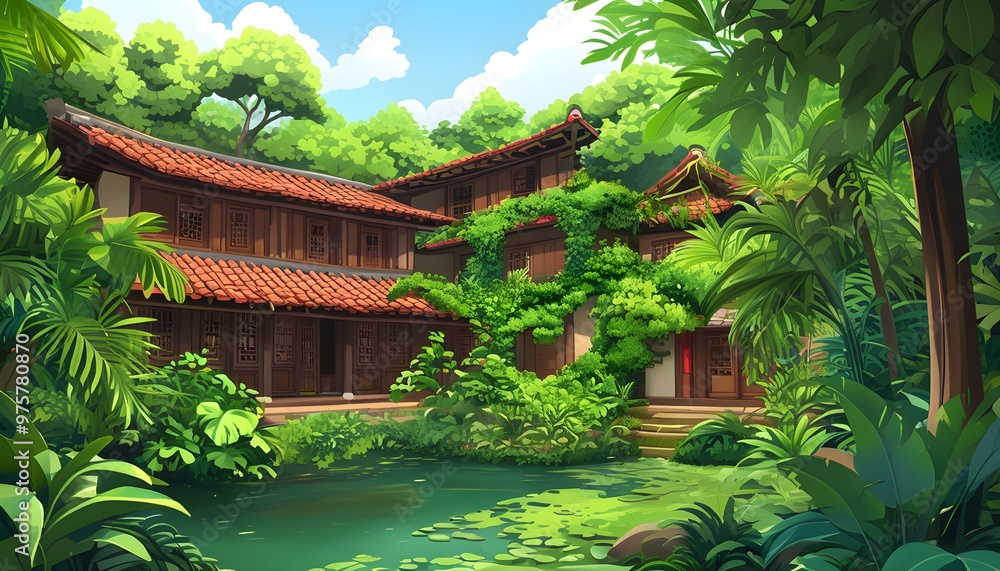 Wall mural whimsical cartoon landscape featuring traditional architecture and vibrant lush greenery