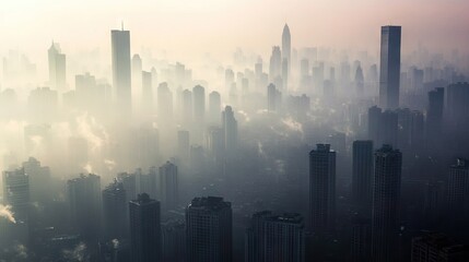 Dense smog enveloping the skyline of a bustling city, tall buildings emerging through the haze, showing environmental concerns.