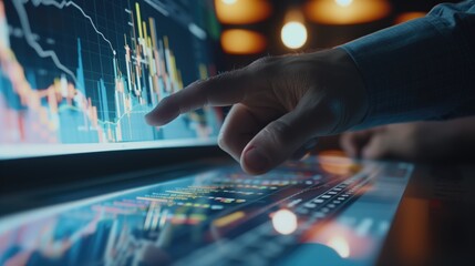 Close-up of Businessperson Analyzing Financial Data on Digital Screen, Touching Graphs and Charts in Office Environment