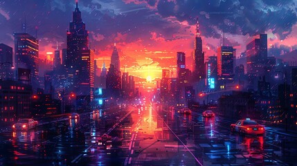 Bright neon night in a cyberpunk city. Photorealistic 3d illustration of the futuristic city. Empty street with blue neon lights