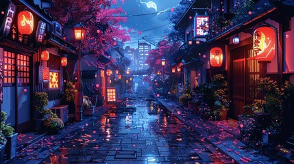 Naklejka premium Bright neon night in a cyberpunk city. Photorealistic 3d illustration of the futuristic city. Empty street with blue neon lights