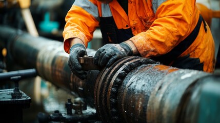 Fototapeta premium Man in bright orange jacket diligently working on pipe maintenance at a busy construction site