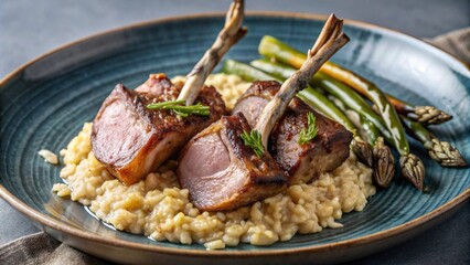 A plate of lamb chops and risotto with asparagus. The asparagus is tender and slightly charred

