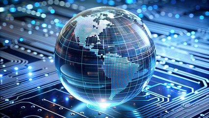 Close-up of digital circuits and binary code flowing through a transparent globe, symbolizing the global digital infrastructure
