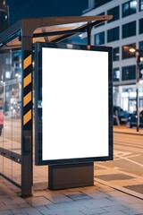 Fototapeta premium A mockup of a blank white vertical digital billboard poster at a city street bus stop sign at night. The billboard is illuminated.