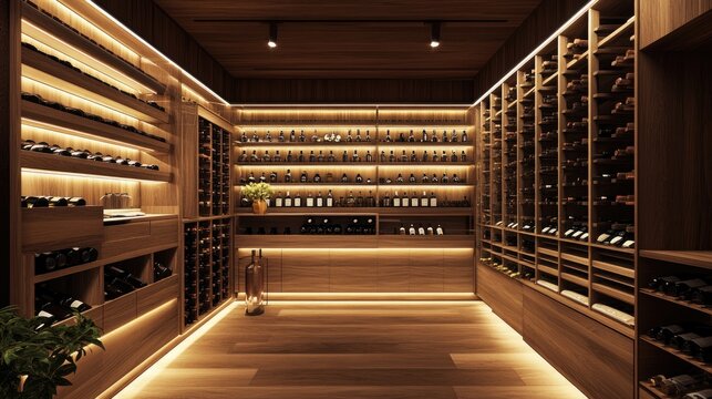An upscale wine cellar featuring wooden racks, filled with vintage wine bottles, exuding sophistication and old-world charm.