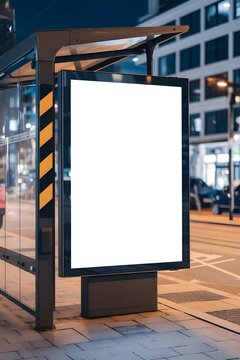 A mockup of a blank white vertical digital billboard poster at a city street bus stop sign at night. The billboard is illuminated.