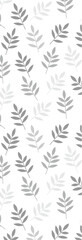 A seamless pattern featuring various grey leaves on a white background, ideal for design and decoration purposes.