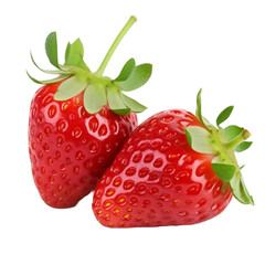 Two Fresh Red Strawberries With Green Leaves Isolated On Transparent Background