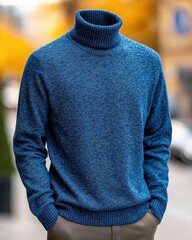 Blue Knitted Turtleneck Sweater Fashion Clothing
