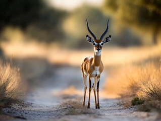 Gazelles are slender, swift antelopes known for their agility and speed. Standing gracefully in the grassland. 