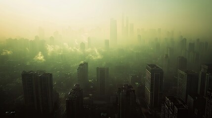 Fototapeta premium Fine dust and smog hover over a densely packed city, with tall buildings rising through the haze, emphasizing environmental pollution.
