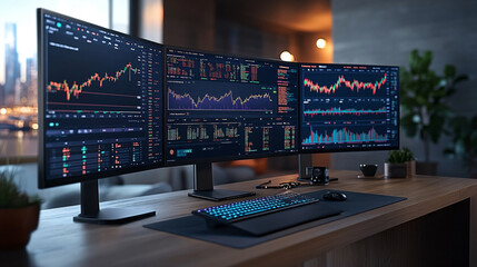 Modern office desk featuring a desktop computer with multiple monitors displaying. financial data and stock market charts. 