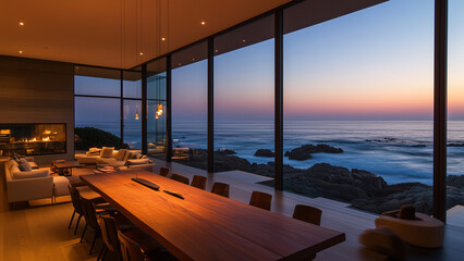 Fototapeta premium Oceanfront Serenity: Minimalist House with Warm Lighting at Dusk