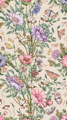 Seamless pattern of pastel flowers, greenery, cotton, moths and butterflies, hand drawn illustration on white background