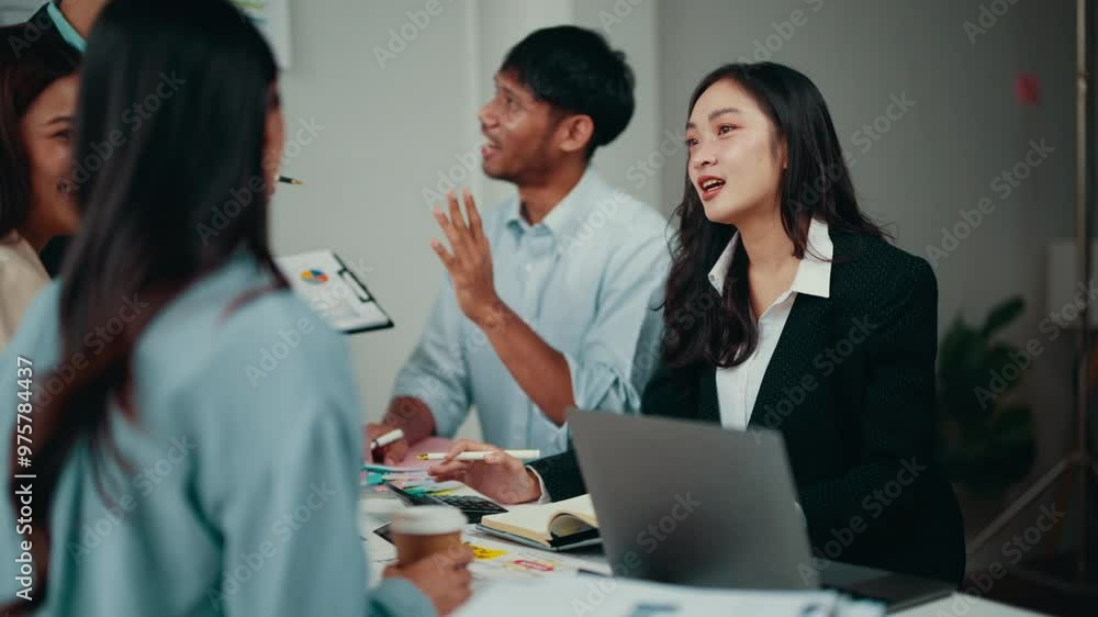 Poster diverse team of business professionals are engaged in a lively discussion, analyzing financial repor