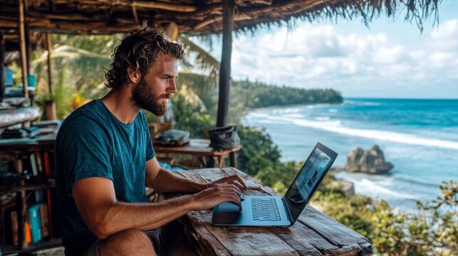 Man working on laptop by the beach, embracing the freedom of remote work flexibility