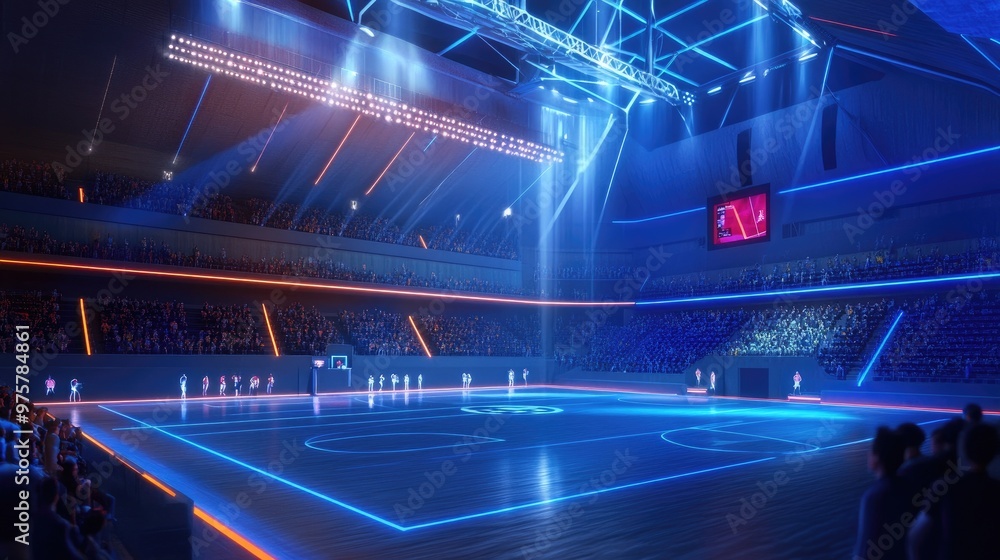 Poster futuristic sports arena with ai-driven gameplay analysis, offering spectators an immersive and inter