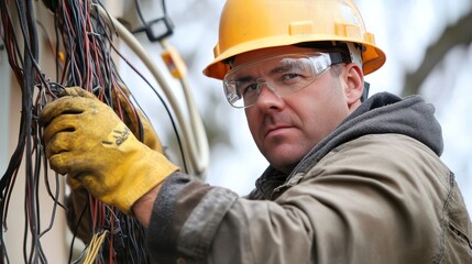 Man in hard hat and safety glasses repairs electrical wires while wearing gloves and jacket
