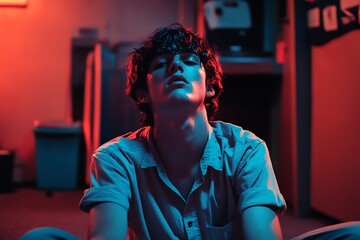 Young man sitting in a room lit by red and blue neon lights. Moody portrait with a contemplative expression