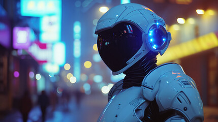 Fototapeta premium A robot is positioned on the side of a dimly lit street at night